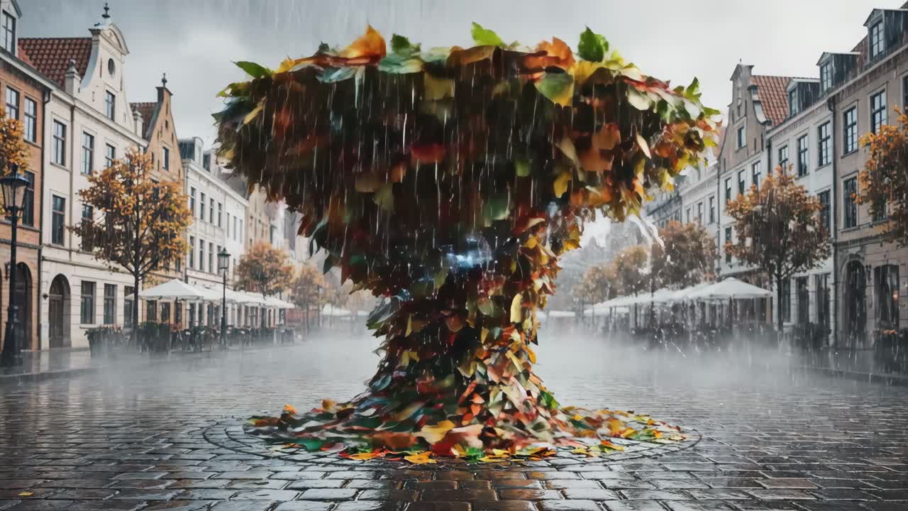 Autumn Leaves Fountain in a European City