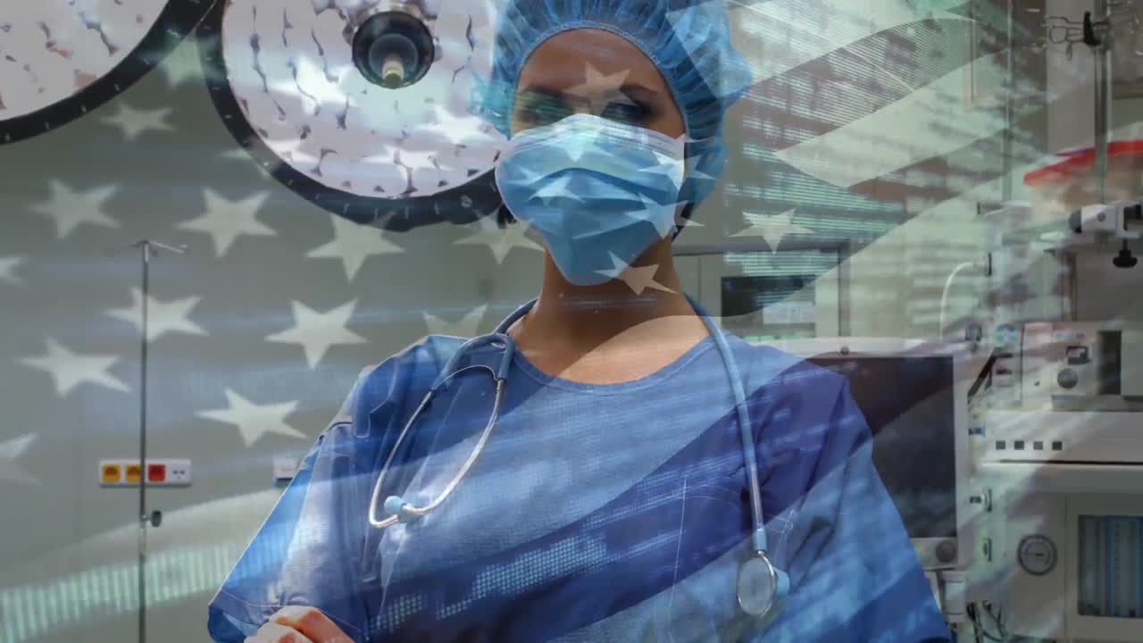 animación de la bandera de los estados unidos ondeando sobre los cirujanos en el quirófano