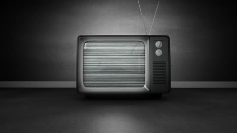 zoom animation into old retro tv fuzz blur against black wall background