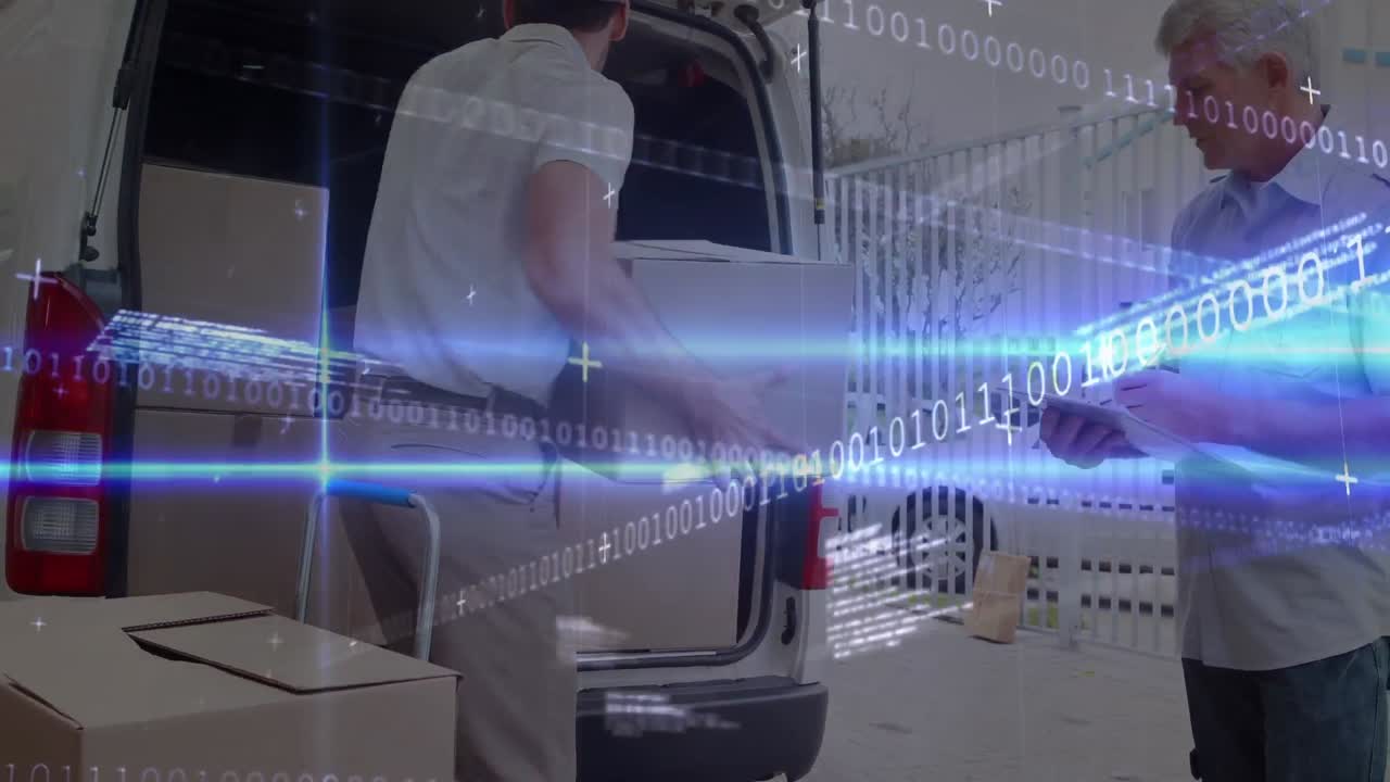 animación de la interfaz digital sobre los trabajadores del almacén caucásico