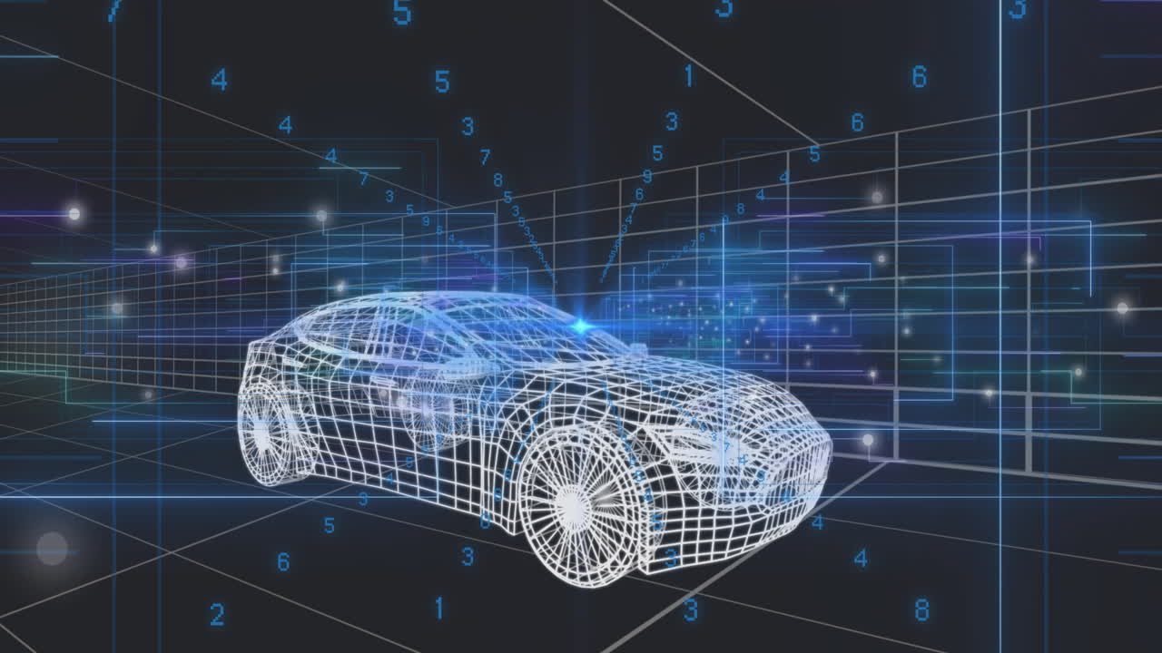 Wireframe sports car rendering across digital grid, displaying floating blue data and circuit lines