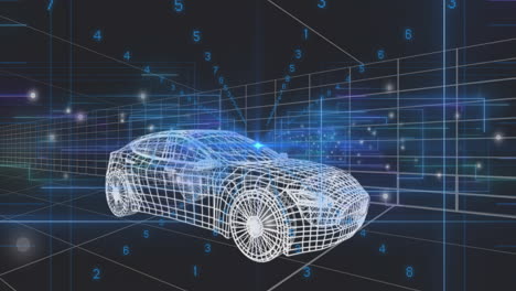 wireframe sports car rendering across digital grid, displaying floating blue data and circuit lines