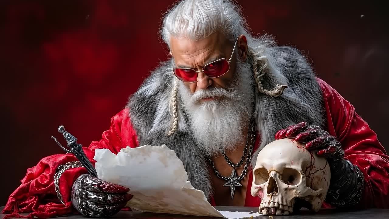 A man with a long white beard and red sunglasses holding a skull
