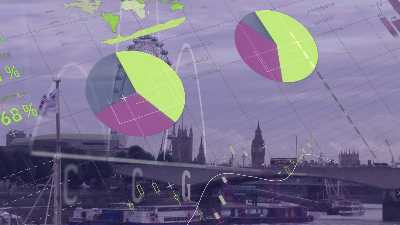 анимация статистики и обработка финансовых данных над городским пейзажем