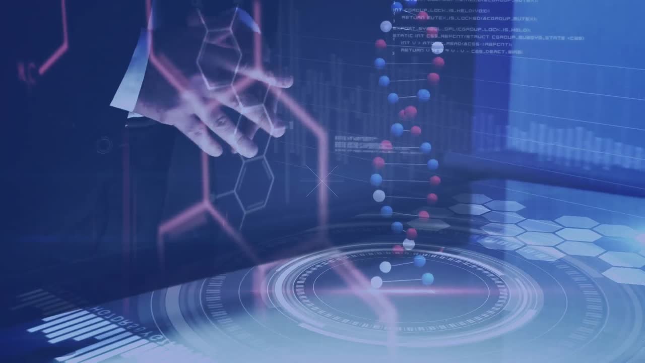 터치 스크린을 사용하여 백인 남자의 손 위에 과학적 데이터와 dna의 애니메이션