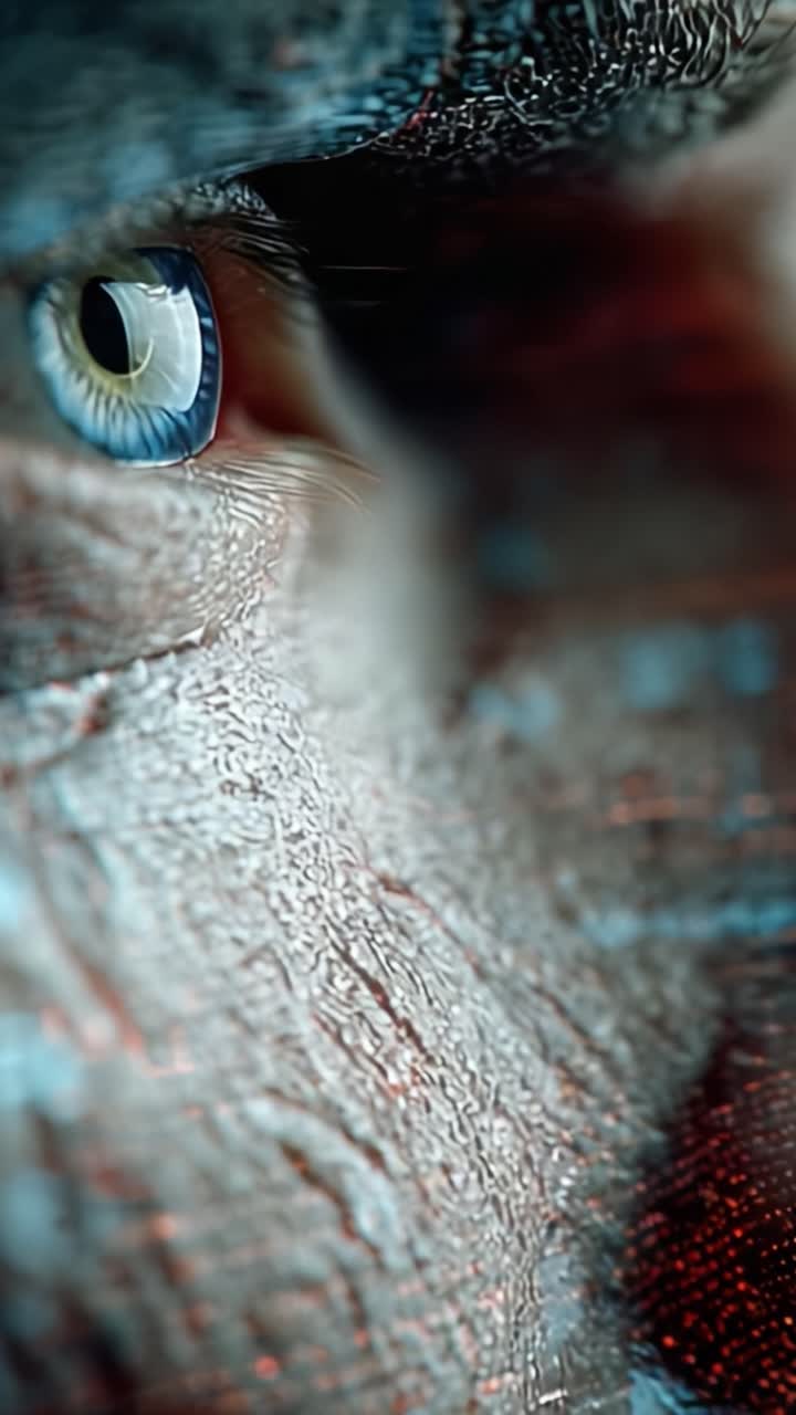Primo piano dettagliato di un occhio umano complesso con pelle texturizzata ed elementi riflettenti, che cattura la profondità dell'emozione e dei dettagli in un frame ad alta definizione