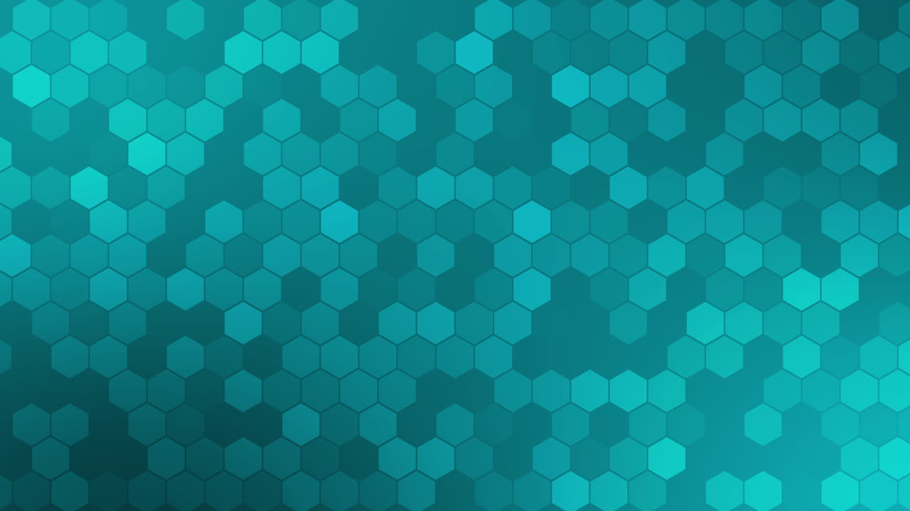 Futuristic abstract mosaic of hexagonal shapes. Looped technological turquoise background with honeycombs.