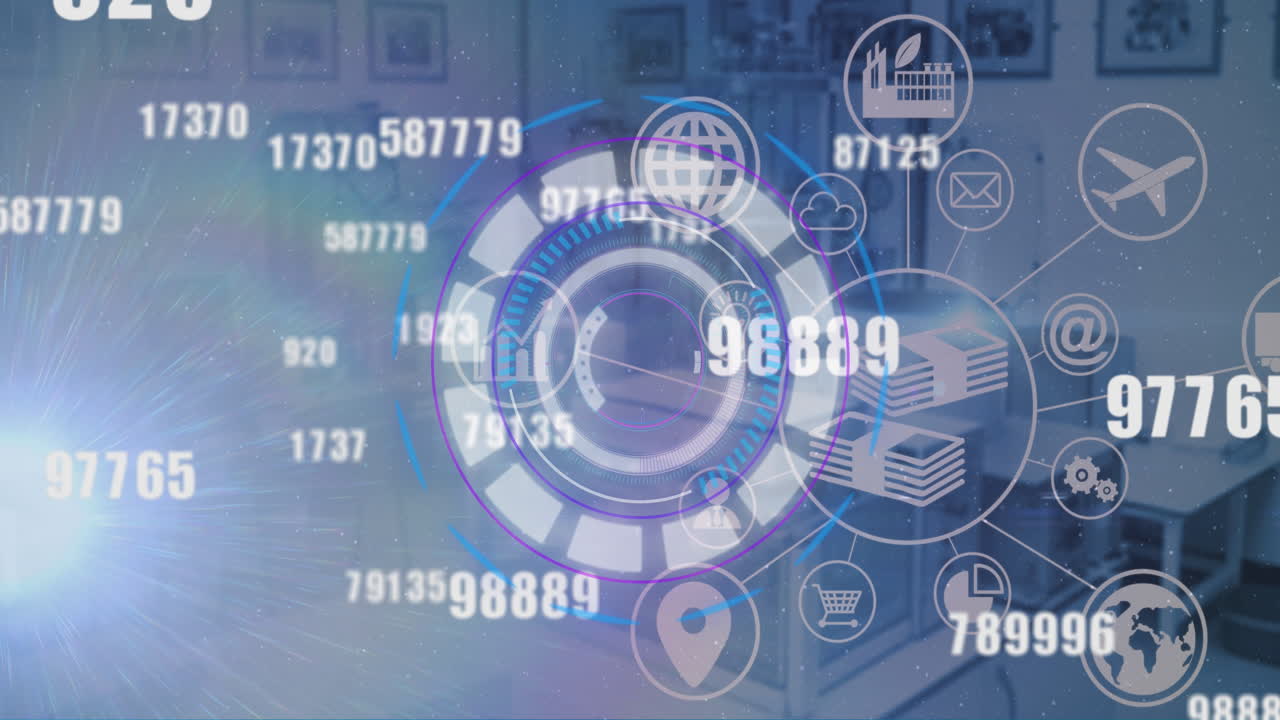 Animation of digital interface with moving numbers a circular scope and a network of connected icons