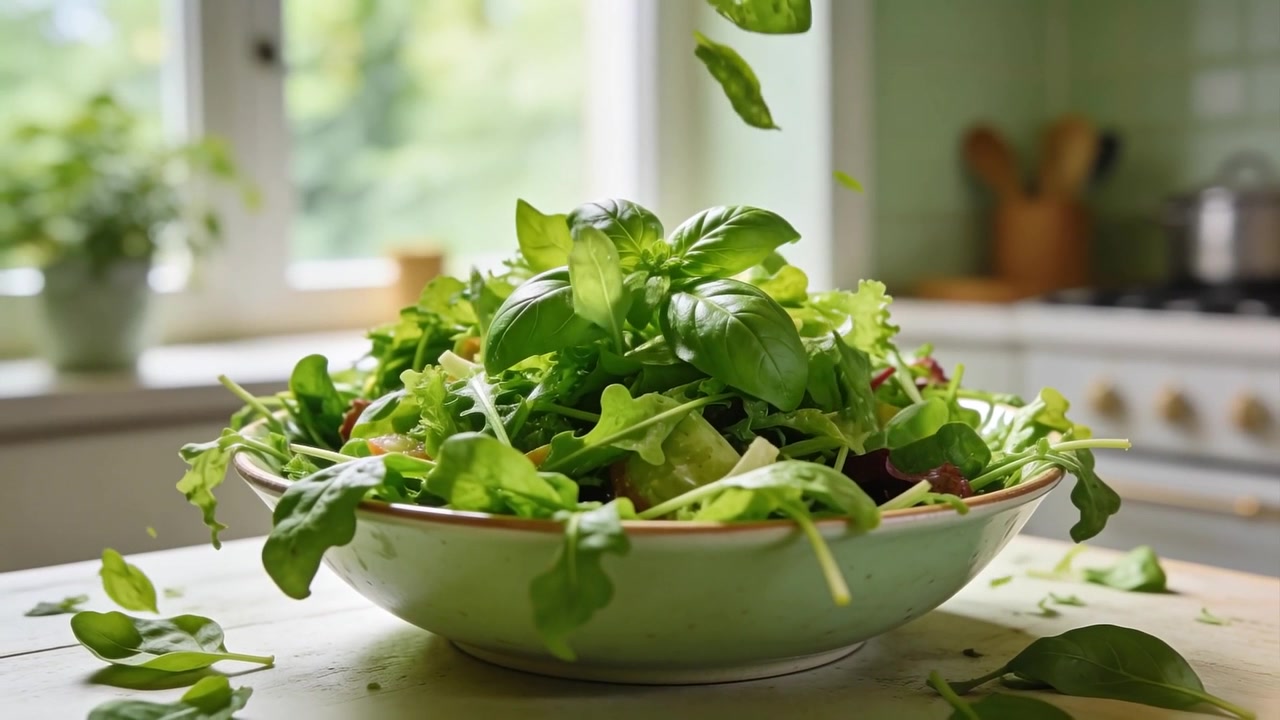 Foglie di insalata che cadono in una ciotola di ceramica verde su un tavolo da cucina in legno, con un rametto di basilico al centro.