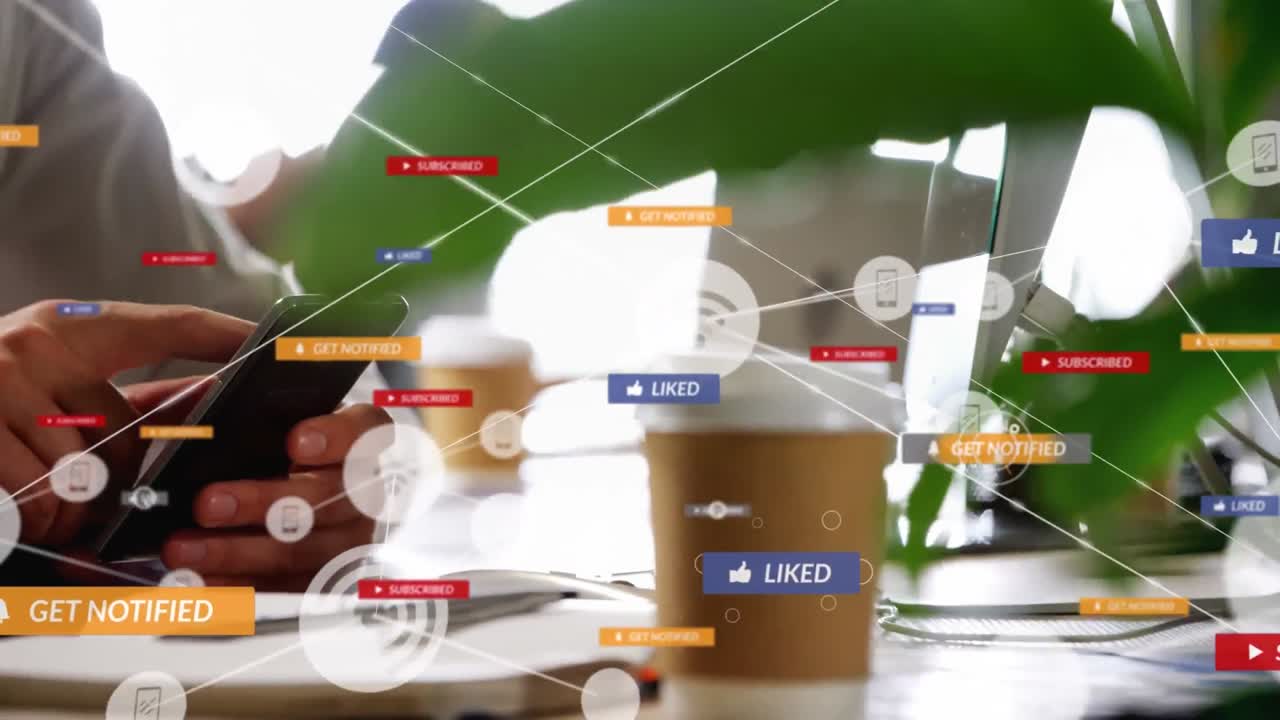 스마트 폰을 사용하여 사람 위의 아이콘과 연결 네트워크의 애니메이션