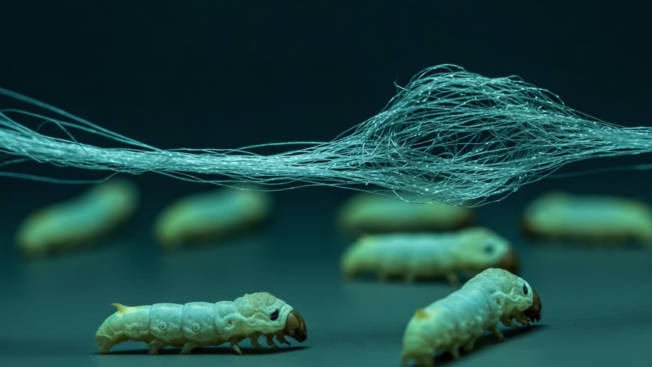 A captivating close-up of silkworms interacting with silk threads, showcasing their unique biology and the intricate relationship between these larvae and their silk production