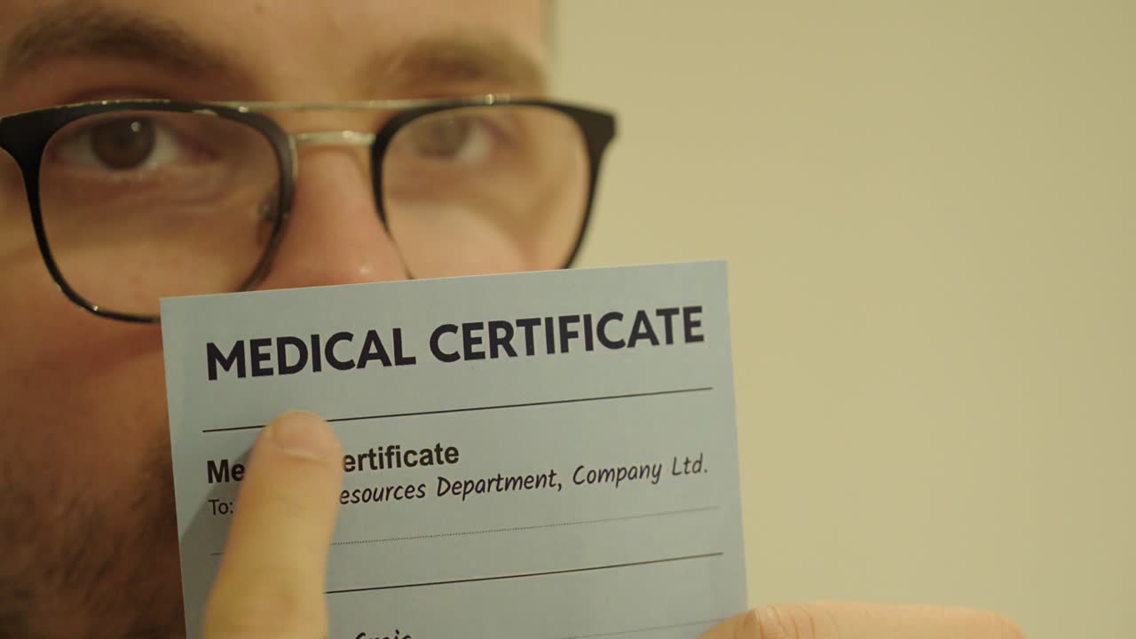 Close-up of a man holding a medical certificate in front of his face ...