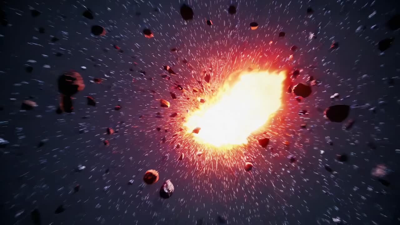 Dynamic space explosion video with fiery debris, captured from a wide-angle perspective