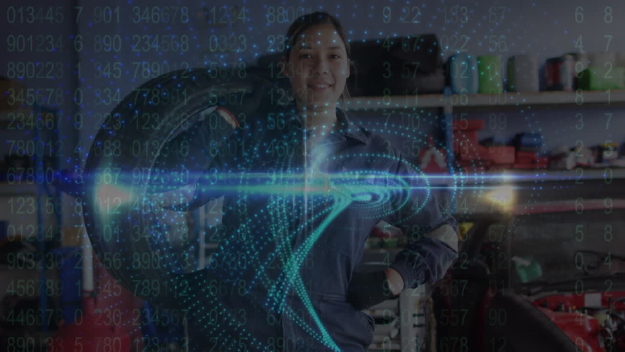 animación de patrón con datos sobre caucásica mujer mecánica de automóviles sosteniendo neumático en el taller de reparación