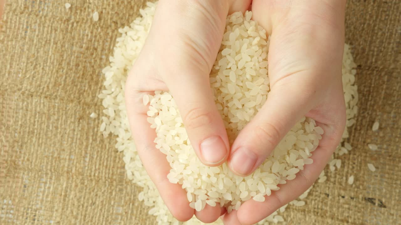 Children's hands hold a black rice grain
