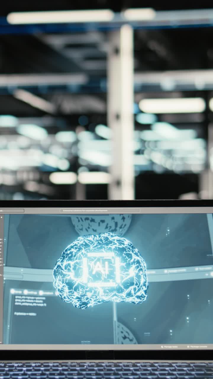 Vertical video Data center AI LLM assistant on laptop supervising wireframe mesh rigs