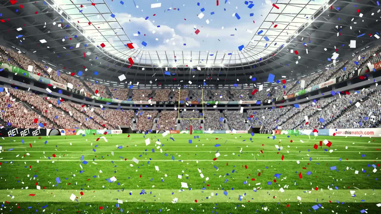 럭비 경기장 위에 떨어지는 콘페티의 애니메이션