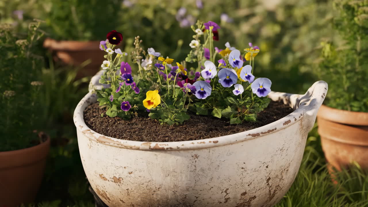 Colorful Pansies in a Weathered Pot