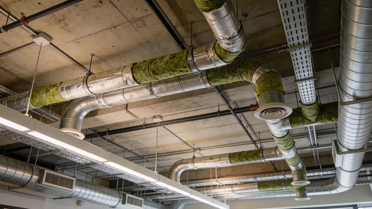 Máy quay lia sang phải và xuống, hiển thị các ống dẫn HVAC với lớp cách nhiệt màu xanh lá cây để khảo sát tòa nhà.