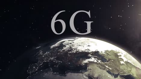 animación del círculo de procesamiento, 6g y el sol saliendo sobre el globo girando en el espacio