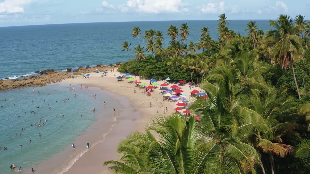 Left trucking aerial drone shot of the famous tourist destination Coqueirinhos beach in Paraiba, Brazil surrounded by palm trees with people swimming and enjoying the shade under colorful umbrellas