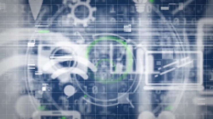 Animation of digital icons and data processing over blue background