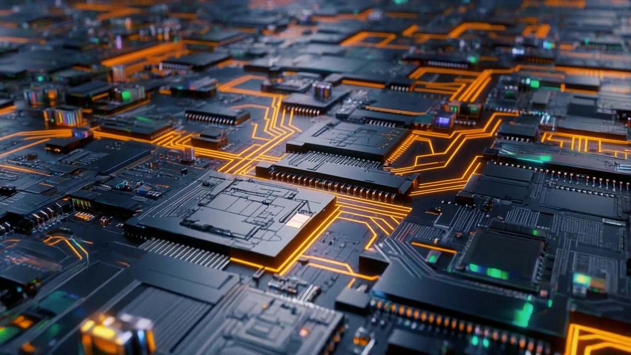 Futuristic Circuit Board with Glowing Orange Data Pathways