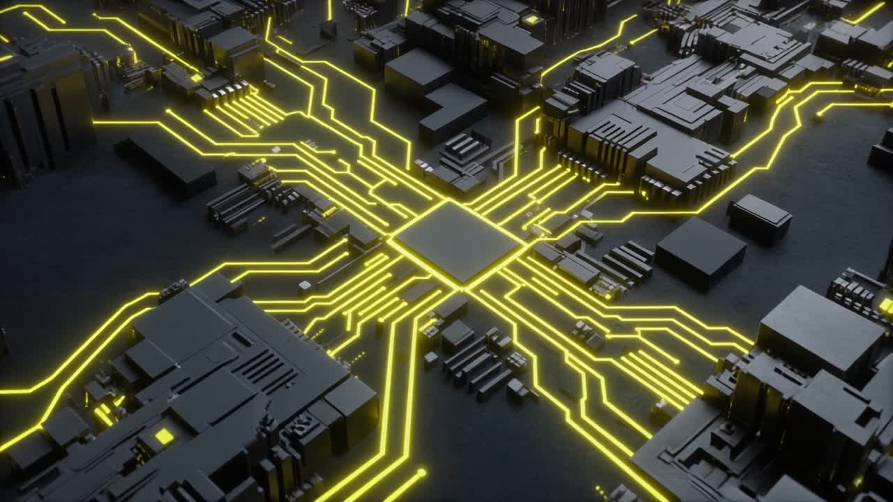 Abstract Microchip with Glowing Yellow Data Flow