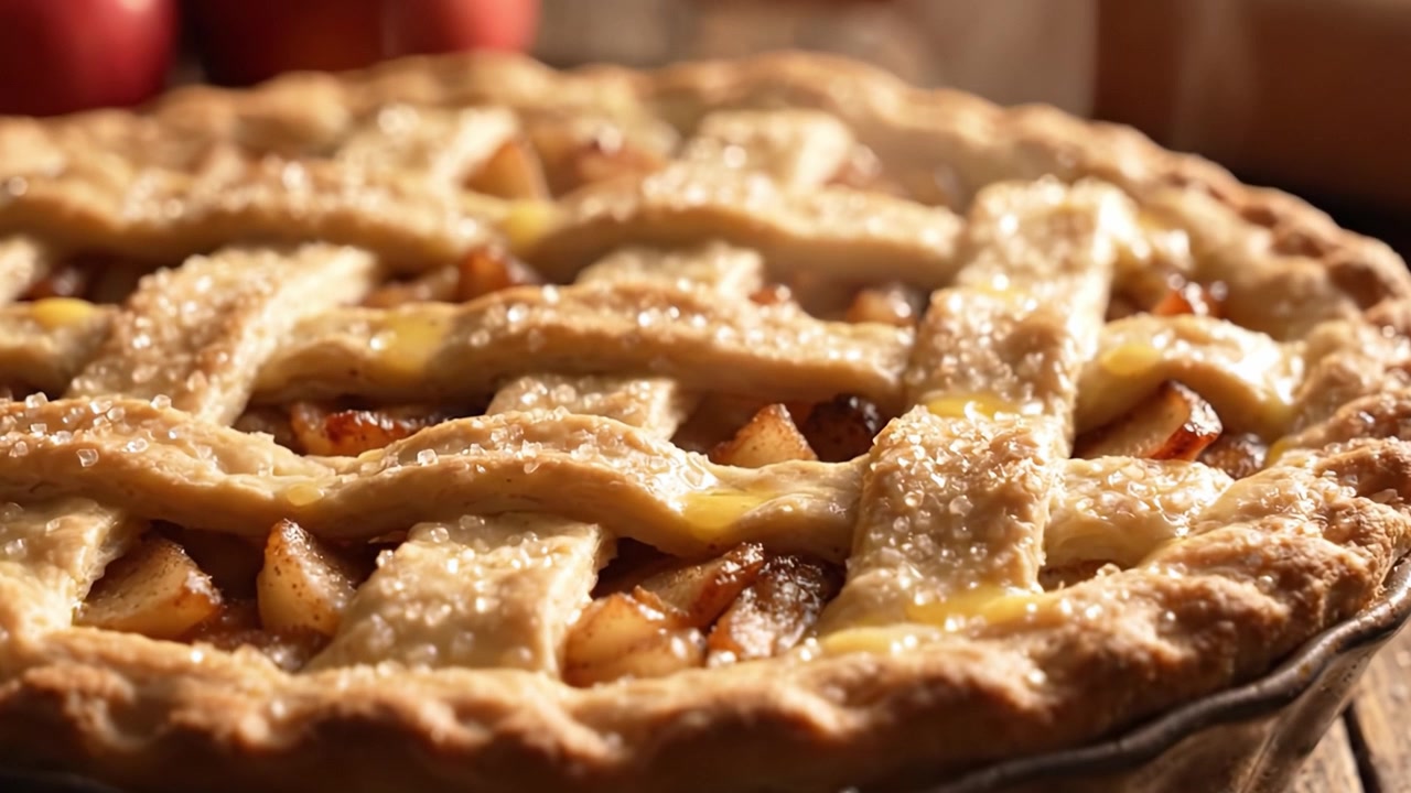 Una deliziosa torta di mele appena sfornata con una classica crosta a griglia, appena fatta e pronta da servire su un tavolo di legno rustico circondata da mele rosse e un mattarello.
