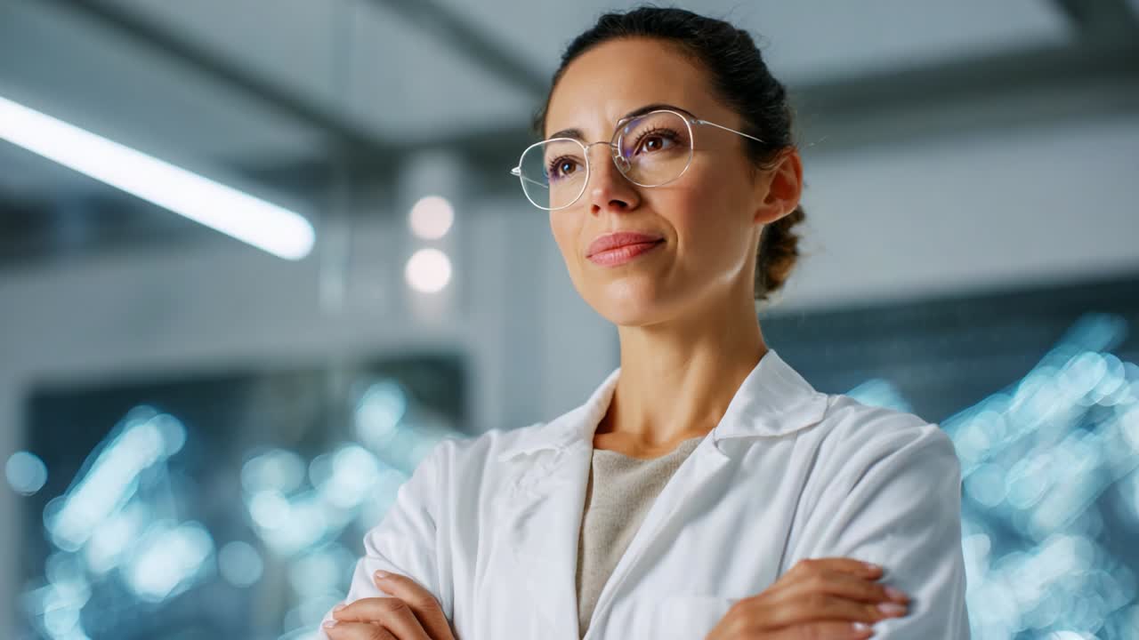 A confident scientist in a lab coat stands with crossed arms, exuding professionalism and focus, ready to tackle the challenges of her important research within a modern laboratory environment