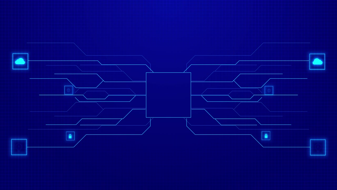 Central processor connection visual with blue circuit paths glowing square hub and smart technology