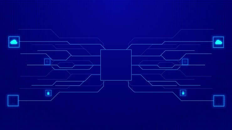 Central processor connection visual with blue circuit paths glowing square hub and smart technology