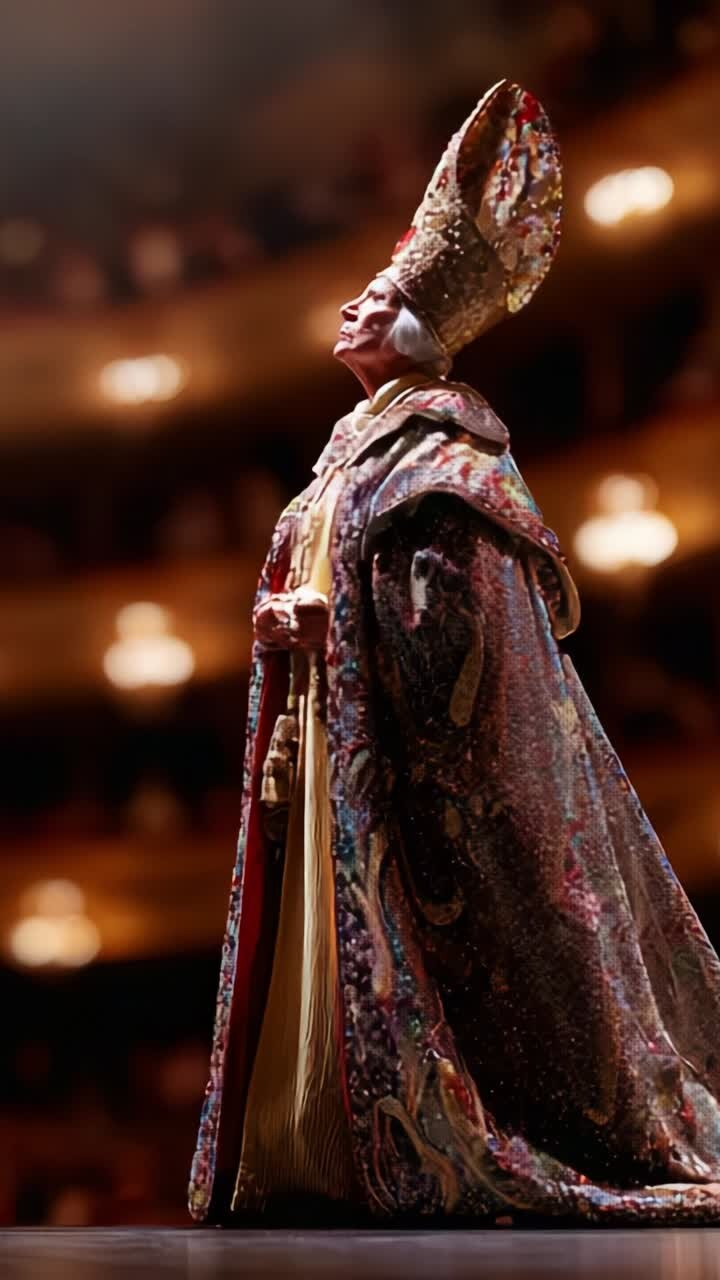 Una figura imponente, con indosso vesti sfarzose e un cappello maestoso, in piedi con orgoglio su un palco illuminato da luci teatrali soffuse