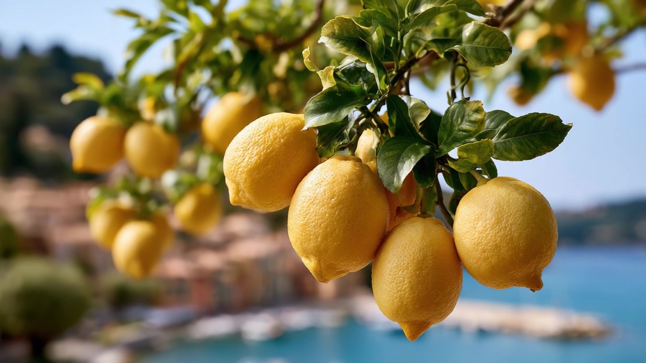 Un vivace grappolo di limoni freschi appesi a un albero in un bellissimo paesaggio costiero con una vista panoramica sull'acqua ed edifici colorati sullo sfondo.