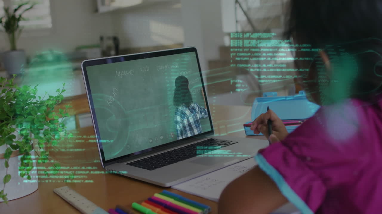 In school, child learning online with animation of digital code on laptop screen