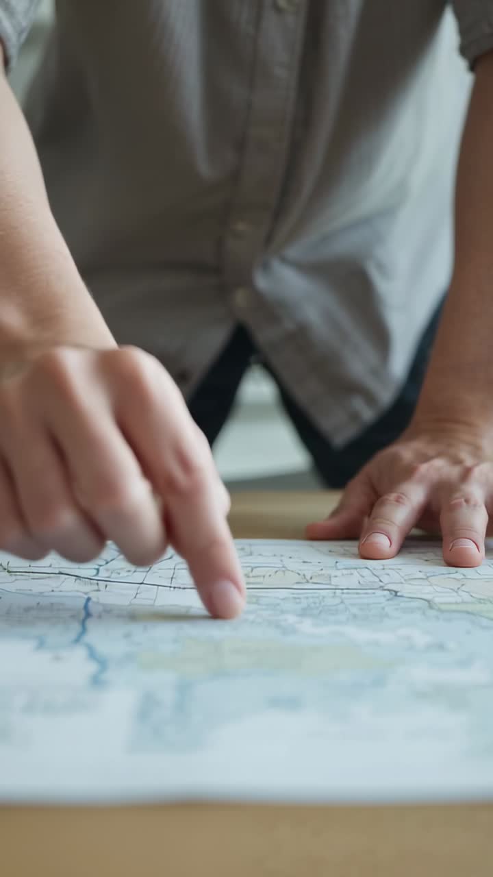 Vertical video: Lifting right index finger, person in shirt tracing roads on map at table planning