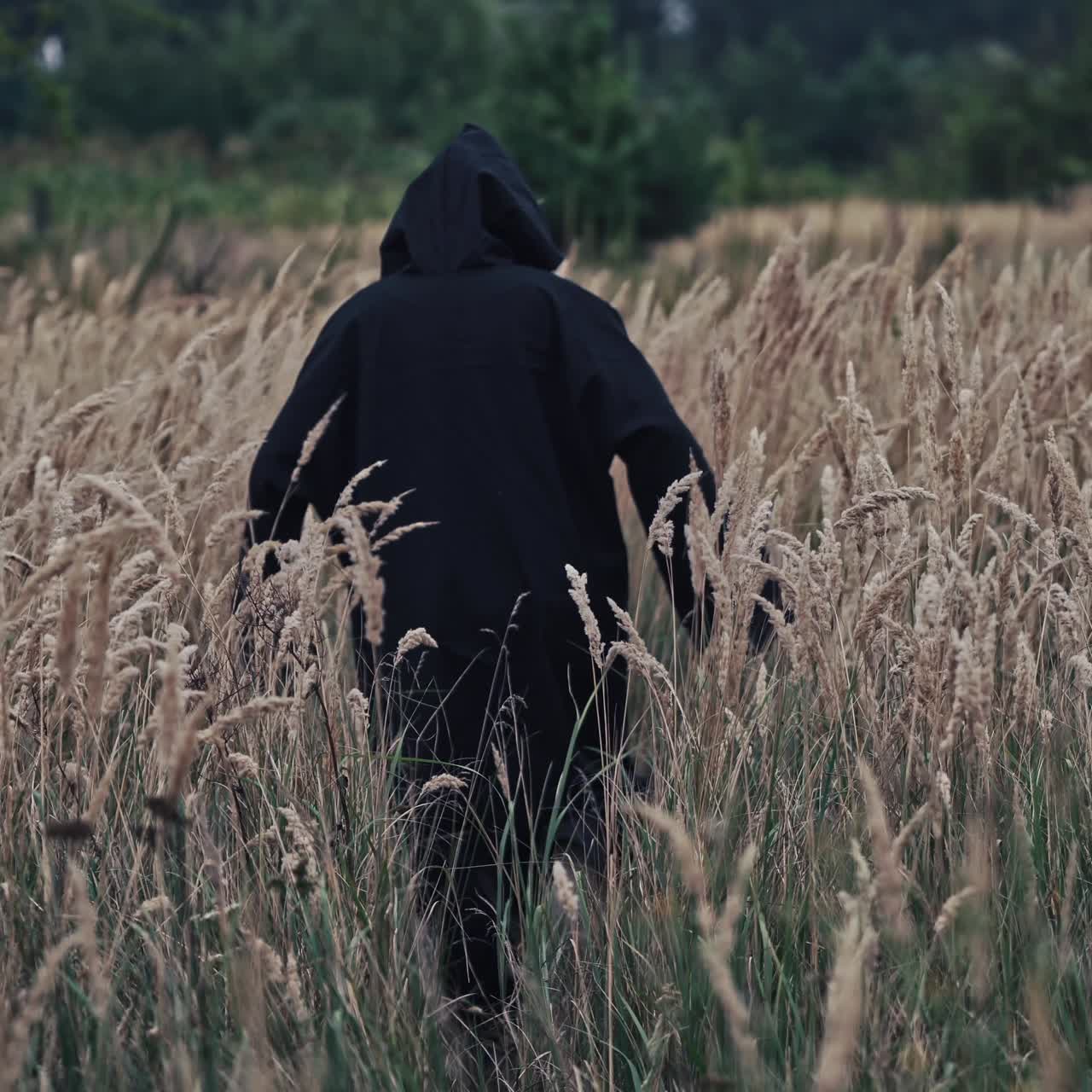 Black death in the field in autumn. Scary view of a witch evil turning around itself outdoors. Dark wizard among nature.