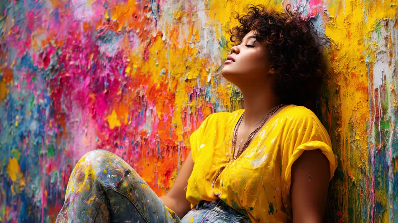A Young Woman in a Colorful Artistic Setting Showcasing Her Creative Spirit While Relaxing Against a Vibrant Wall Covered in Bright Paints and Textures