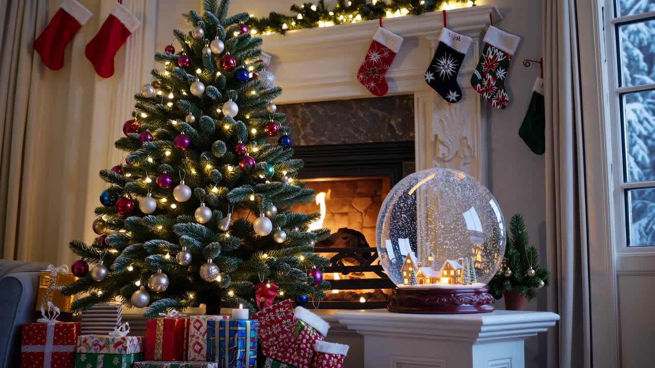 Cozy holiday scene with a decorated Christmas tree and gifts, captured from a low angle