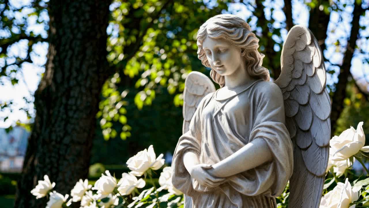 Una statua di angelo serena circondata da rose bianche, catturata da un angolo basso