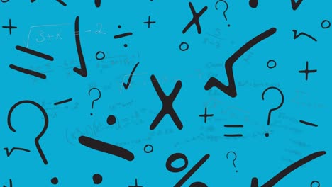 símbolos matemáticos y ecuaciones flotando contra el icono del edificio de la escuela en fondo azul