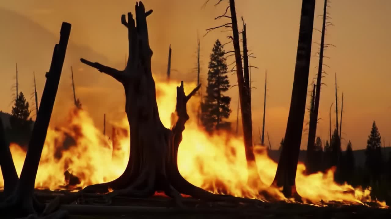 A Powerful Display of Wildfire's Might: Flames Consume Forest Landscape at Sunset While Charred Trees Stand as a Stark Reminder of Nature's Fury