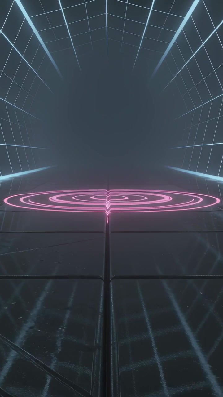 Vertical video: Animating pink rings pulsing on dark tiled floor in cyan grid tunnel, showing pulse