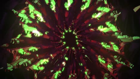 animación de caleidoscopio de formas verdes y rojas en 3d que giran sobre un fondo negro