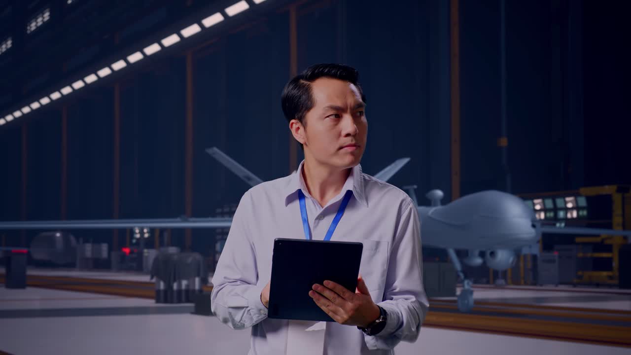 Asian Male Professional Worker Standing With His Tablet, Modern Military Drone in Maintenance Hangar, He Observes By Looking Around Before He Come To Concentrating With His Tablet