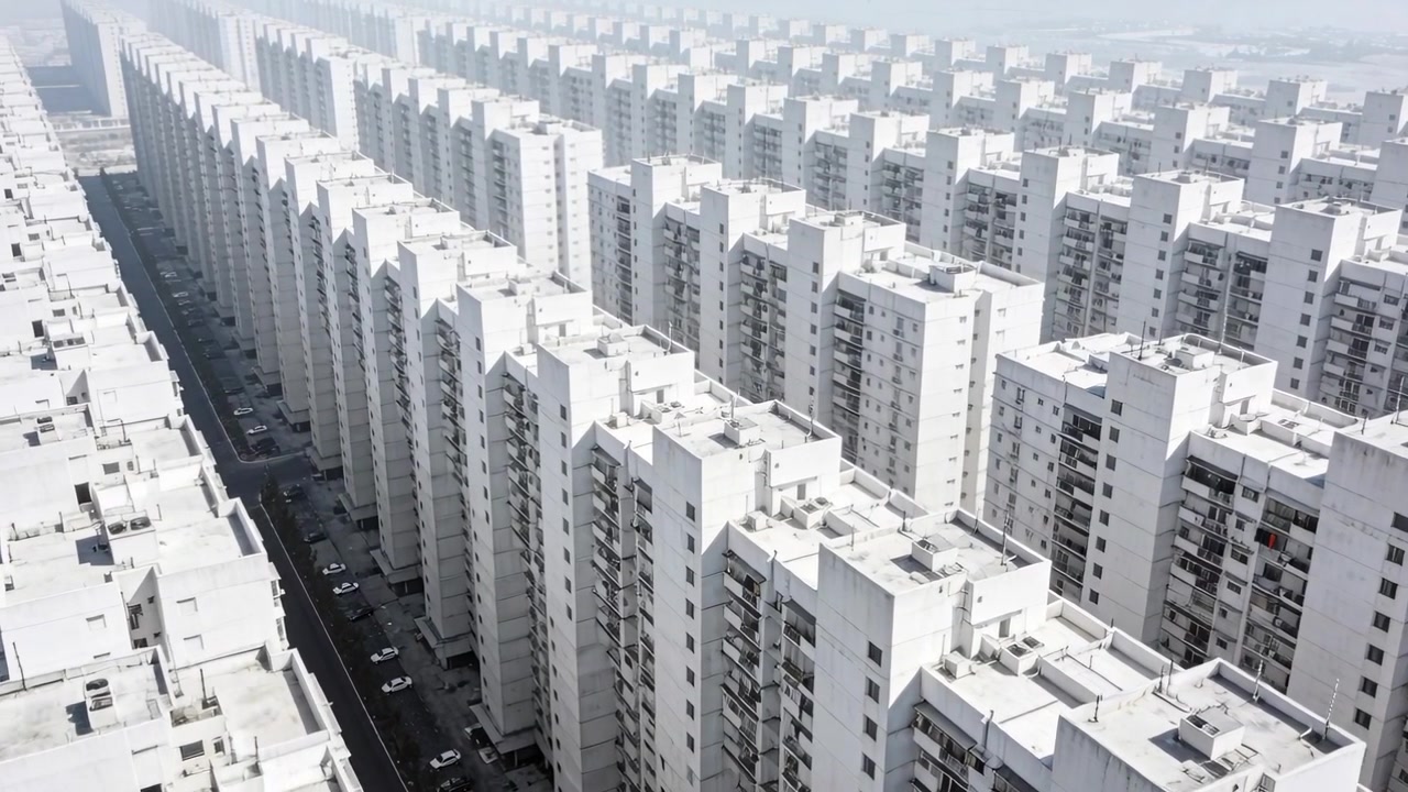 Máy bay không người lái cất cánh lướt qua các dãy tháp trắng, để lộ ban công, lỗ thông hơi trên mái nhà và đường dịch vụ.