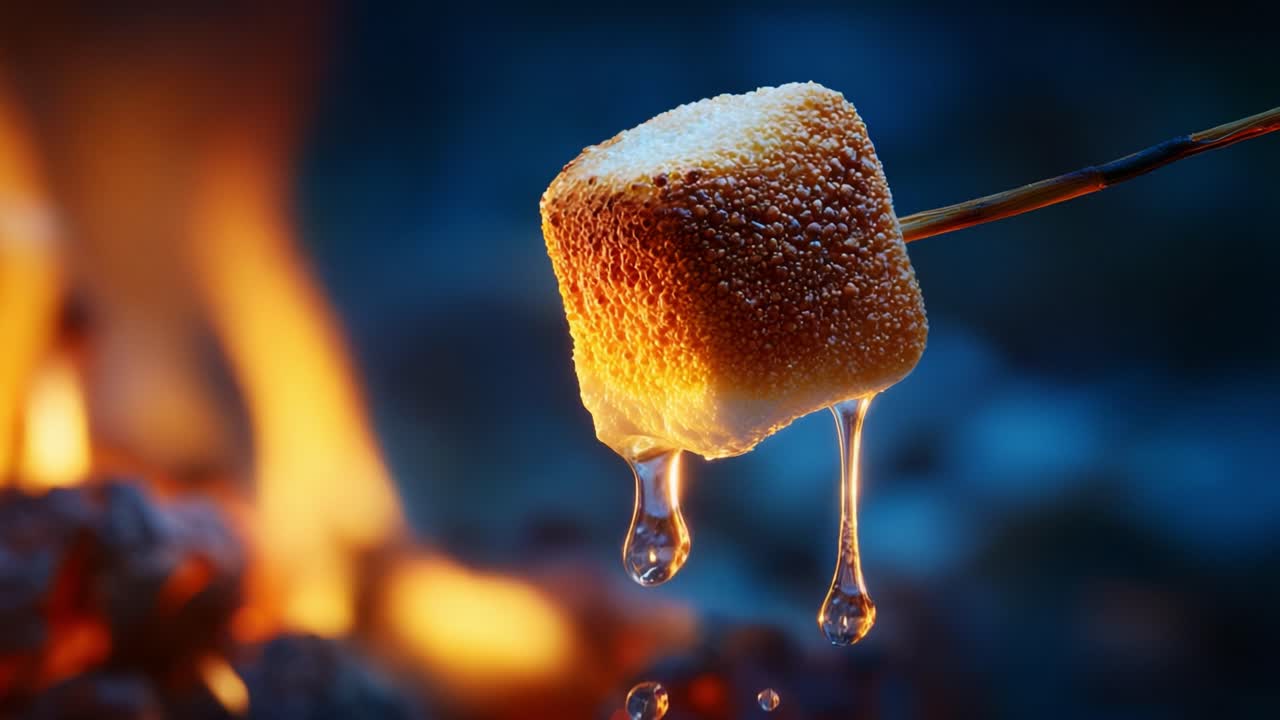 A Close-Up of a Marshmallow Toasting Over an Open Fire, Capturing the Melting Texture and Glowing Embers, Perfect for a Cozy Campfire Experience with Friends