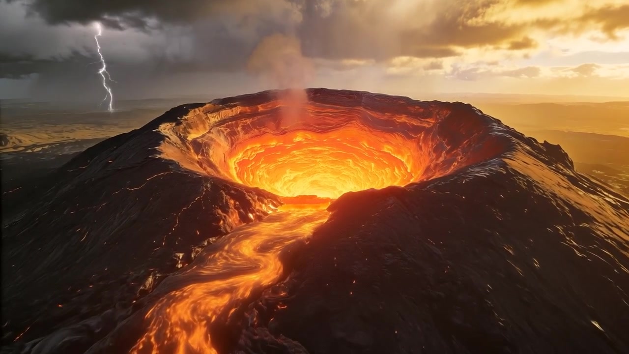 Caméra s'approchant, cratère volcanique libérant de la lave et de la vapeur sur un plateau avec des éclairs.