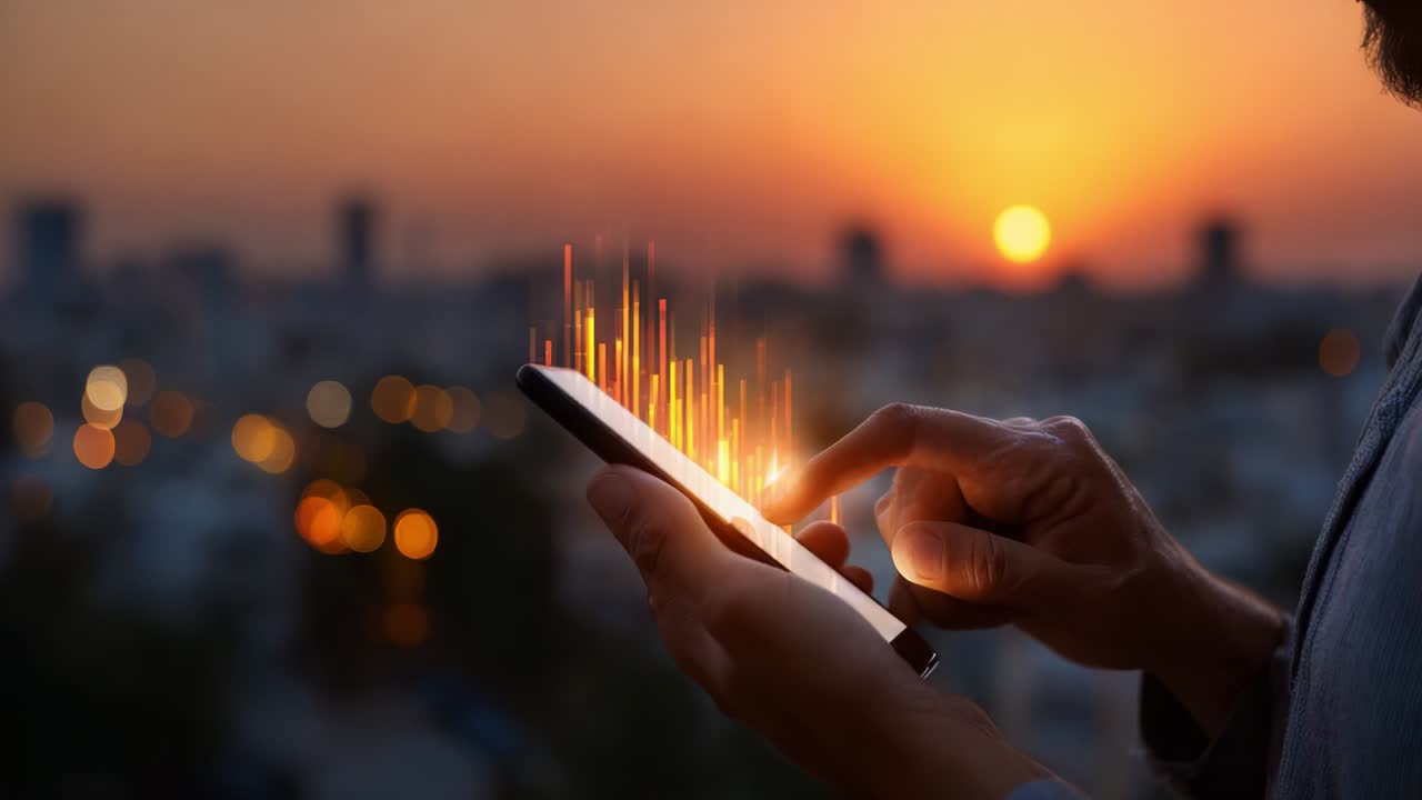 A person interacts with a smartphone against a stunning sunset backdrop, showcasing vibrant visual data representations emanating from the device, highlighting the fusion of technology and nature's beauty
