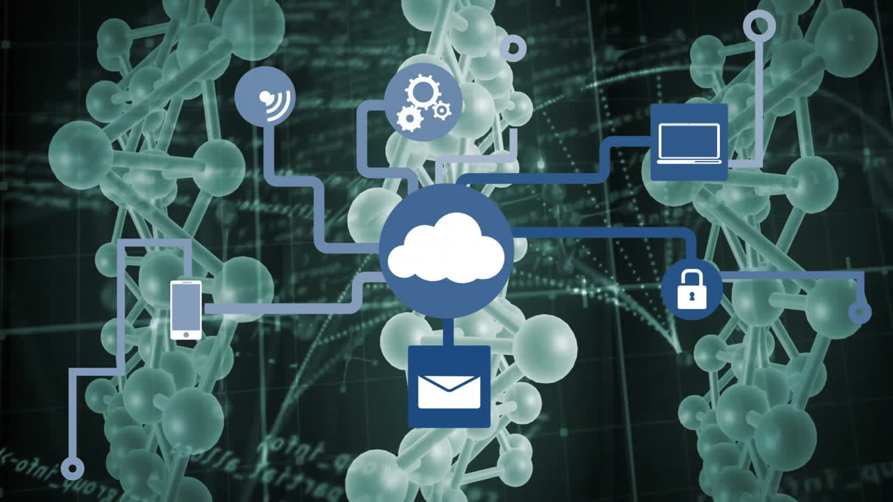 Cloud computing icons connected over DNA strand and binary coding animation